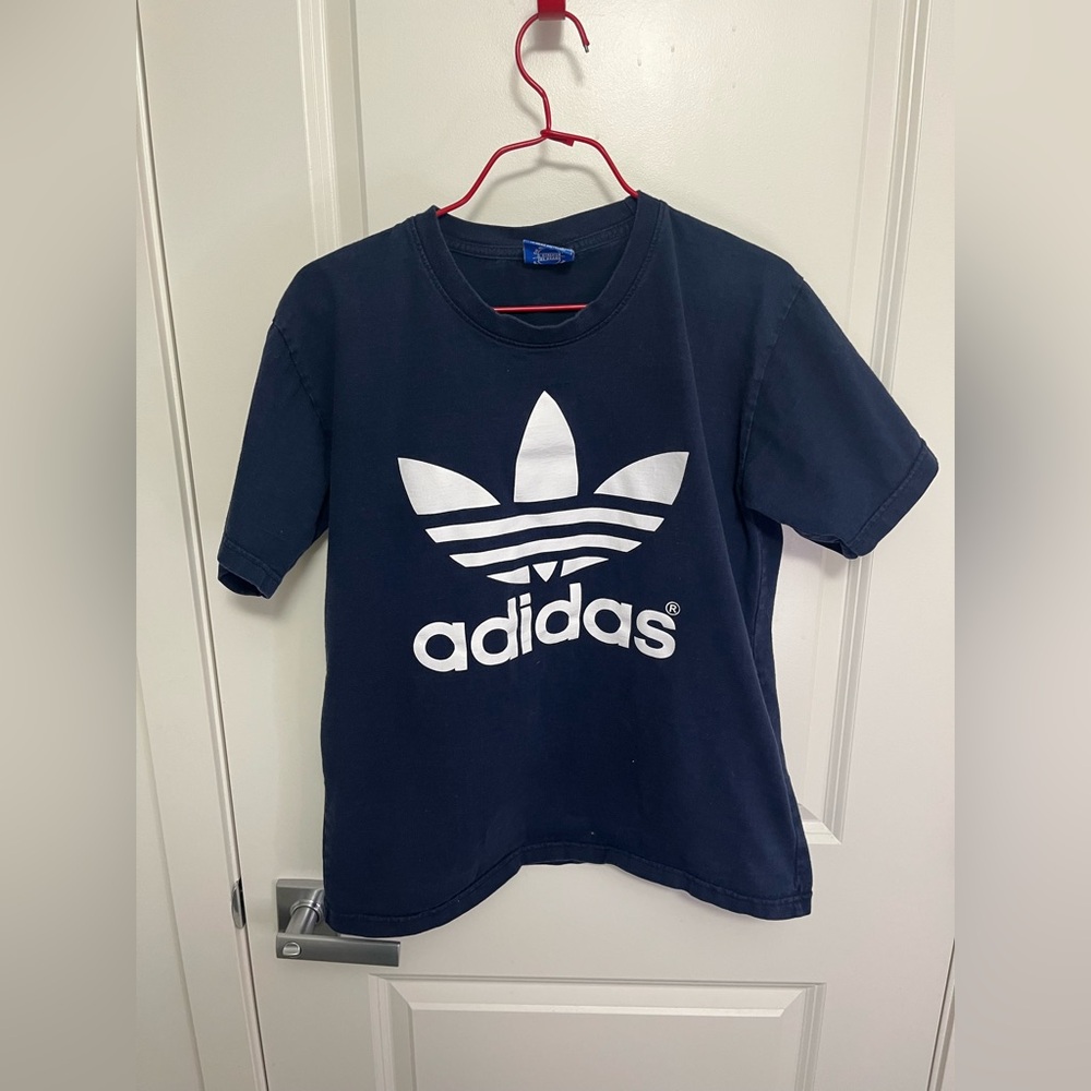Adidas Women's Dark Blue Tee with White Logo in size L